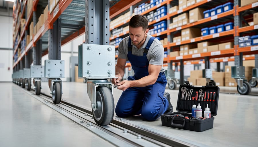 Close-up of hands maintaining and lubricating toolbox wheel caster
