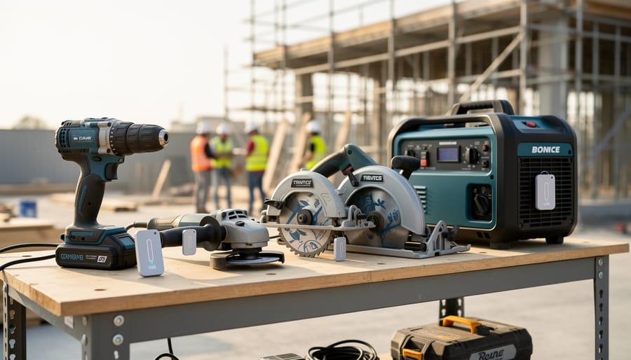 Close-up of UWB tracking tags attached to cordless power tools on construction workbench