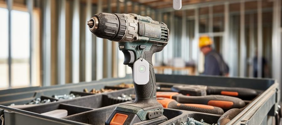 Medium close-up of a cordless drill in a jobsite toolbox with a small UWB tracking tag attached; blurred background shows steel framing, discreet ceiling-mounted anchors, and a hard-hat worker under soft daylight.