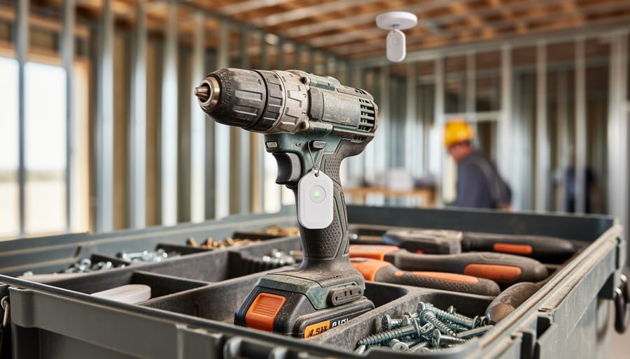 Medium close-up of a cordless drill in a jobsite toolbox with a small UWB tracking tag attached; blurred background shows steel framing, discreet ceiling-mounted anchors, and a hard-hat worker under soft daylight.
