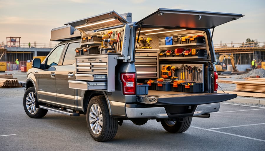 Interior of work van with professional tool racking and storage systems