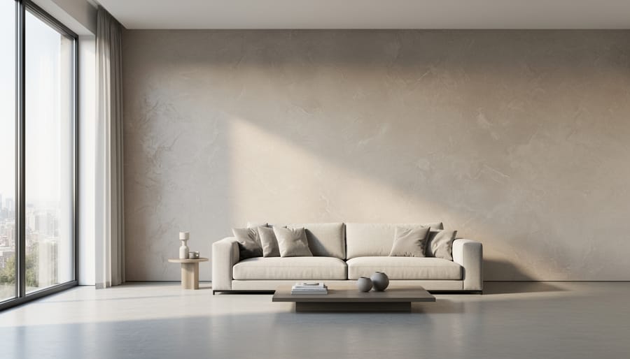 Modern living room interior featuring Venetian plaster accent wall with polished finish