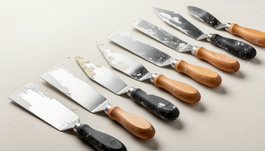 Overhead view of Venetian plaster application tools including trowels and spatulas