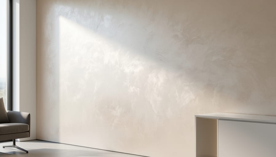 Close-up of polished Venetian plaster wall showing layered texture and subtle sheen
