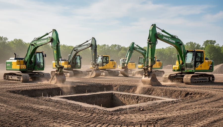 Classic John Deere backhoe excavator digging trench on construction site