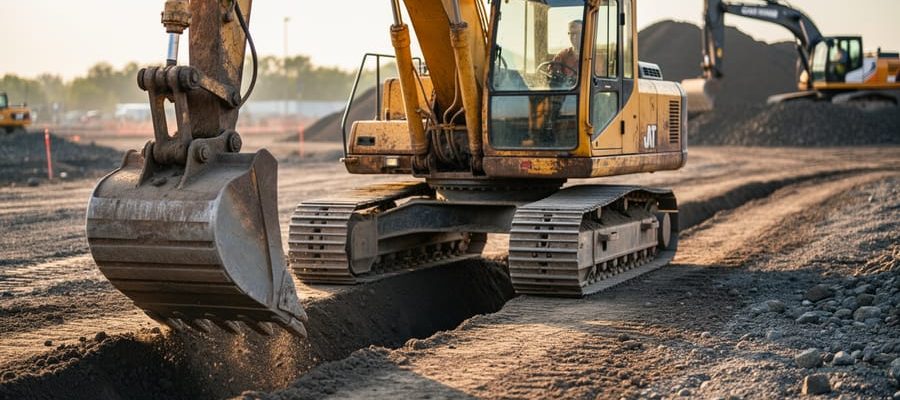 Vintage yellow excavator digging a trench at golden hour, photographed from ground level with a newer excavator and soil piles softly blurred in the background.