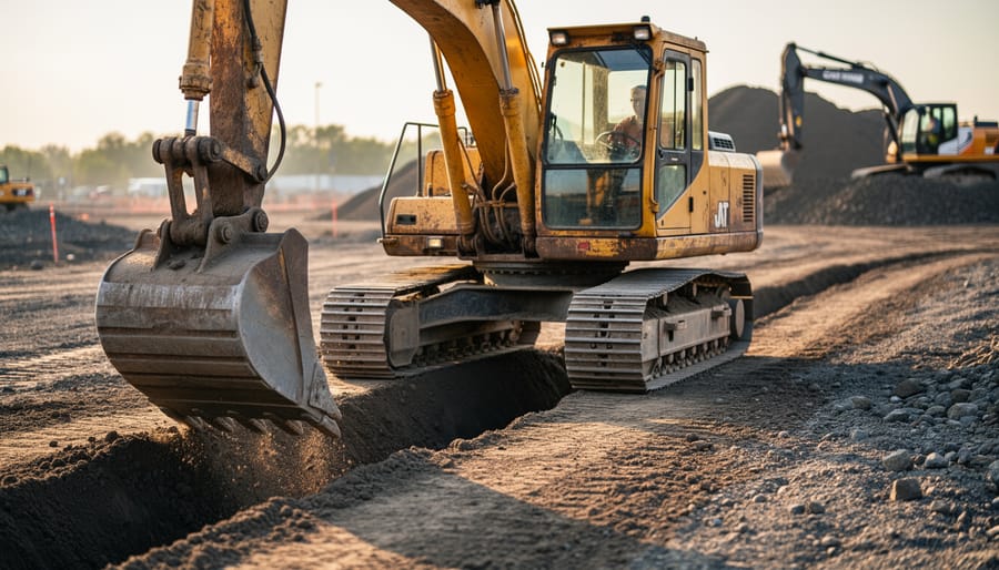 Vintage yellow excavator digging a trench at golden hour, photographed from ground level with a newer excavator and soil piles softly blurred in the background.