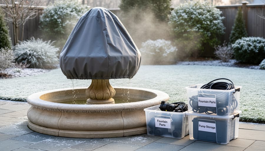 Fountain pump removed from pond and covered for winter storage to prevent freeze damage