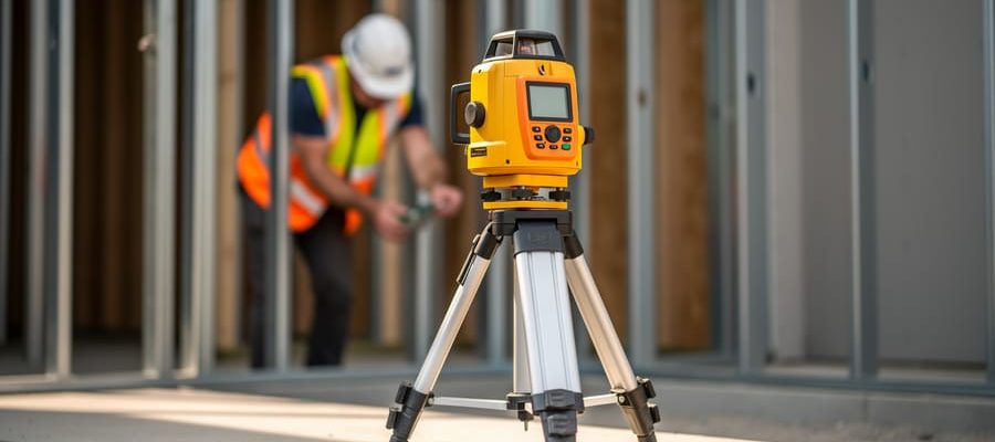 Rotary laser level on a tripod in sharp focus while a blurred technician in a safety vest adjusts the unit at a construction site, with soft natural light and framing studs in the background