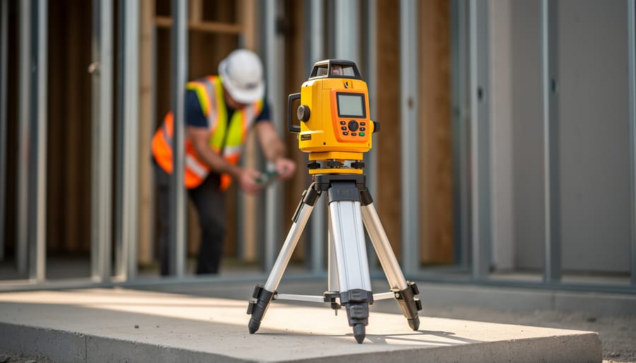 Rotary laser level on a tripod in sharp focus while a blurred technician in a safety vest adjusts the unit at a construction site, with soft natural light and framing studs in the background