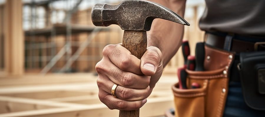 Close-up of a construction worker’s hand holding a hammer, wearing a 14-karat gold wedding ring with a blurred construction site in the background.