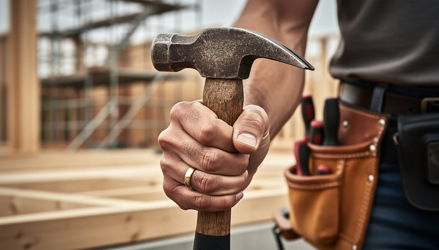 Close-up of a construction worker’s hand holding a hammer, wearing a 14-karat gold wedding ring with a blurred construction site in the background.