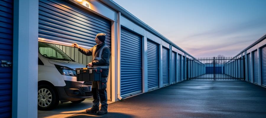 Tradesperson opening a self-storage unit before dawn and loading a heavy toolbox into a white work van, with security lights glowing and rows of metal doors and a perimeter fence in the background.