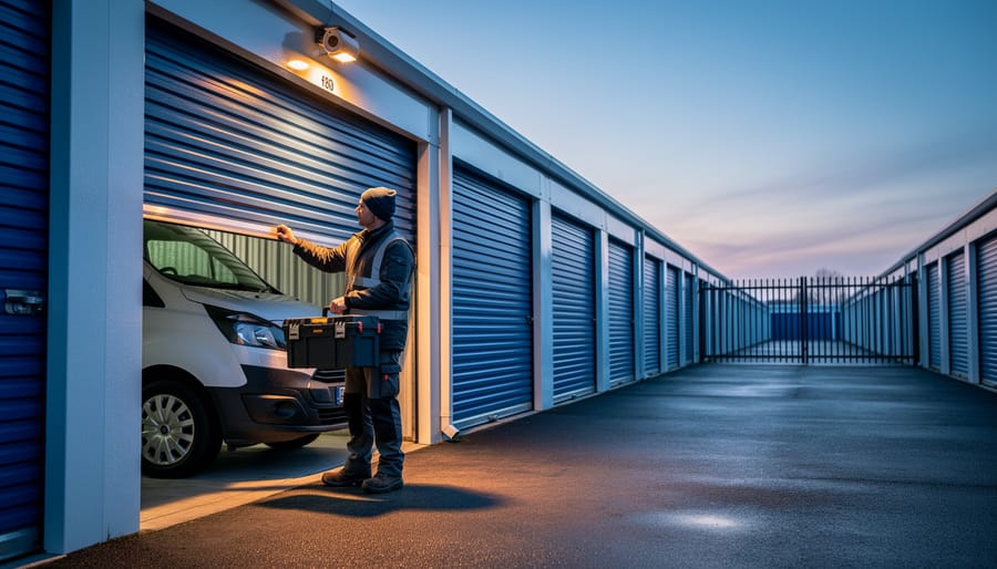 Tradesperson opening a self-storage unit before dawn and loading a heavy toolbox into a white work van, with security lights glowing and rows of metal doors and a perimeter fence in the background.