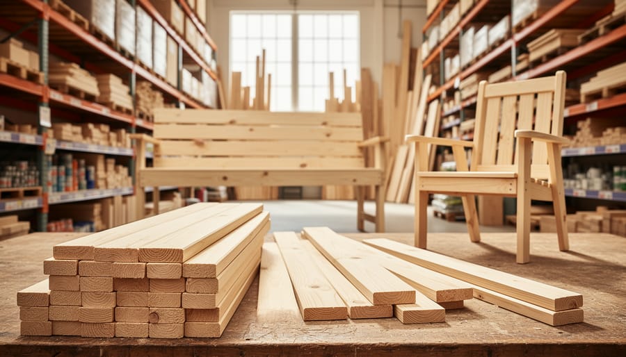 Stack of new 2x4 lumber boards at hardware store