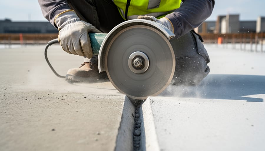 Construction worker using angle grinder with diamond blade to cut V-groove in concrete