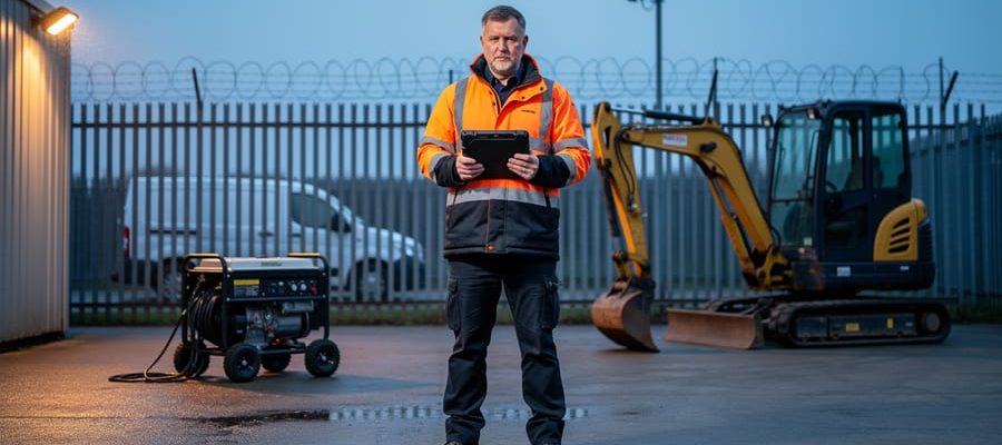 Asset recovery investigator in a high-visibility jacket holding a tablet beside a portable generator and mini excavator in a fenced hire yard at dawn, with a warm security light and blurred CCTV camera and van in the background.