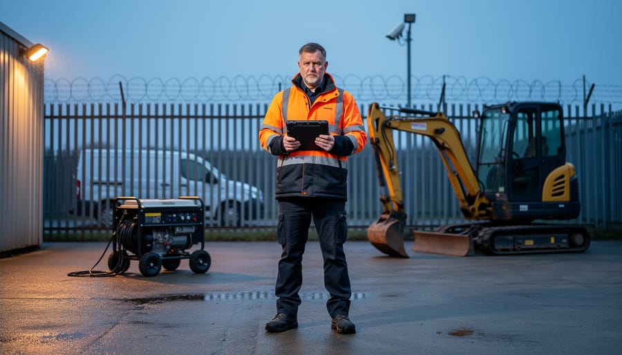 Asset recovery investigator in a high-visibility jacket holding a tablet beside a portable generator and mini excavator in a fenced hire yard at dawn, with a warm security light and blurred CCTV camera and van in the background.