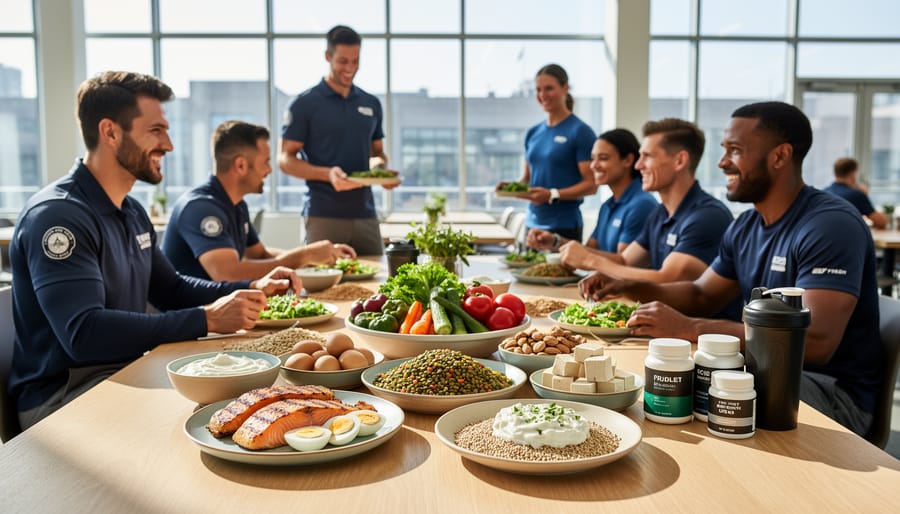 Balanced protein meal with whole foods and supplement powder arranged on work table