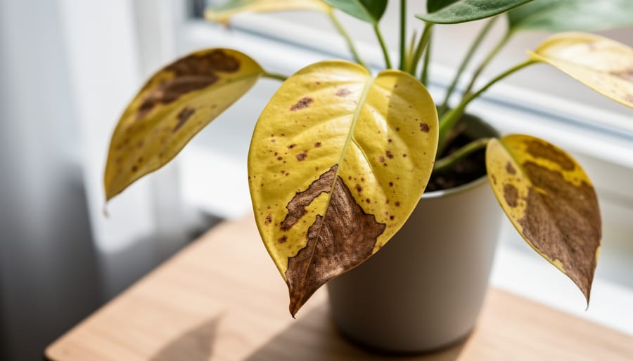 Close-up of yellowing bonsai leaves with brown spots showing signs of stress or disease