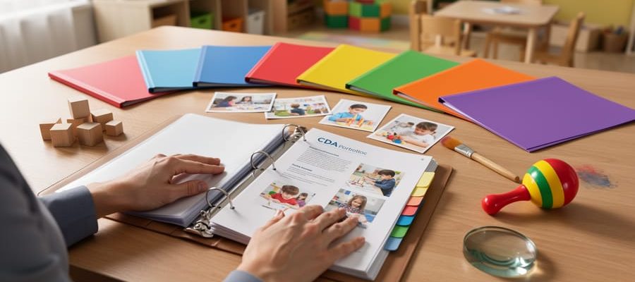 Educator’s hands organizing an open binder beside six color-coded folders, small classroom photo prints, and child-development resources like blocks, paintbrushes, a rhythm shaker, and a magnifying glass on a neat desk, lit by soft daylight with a blurred preschool classroom in the background; no visible text.