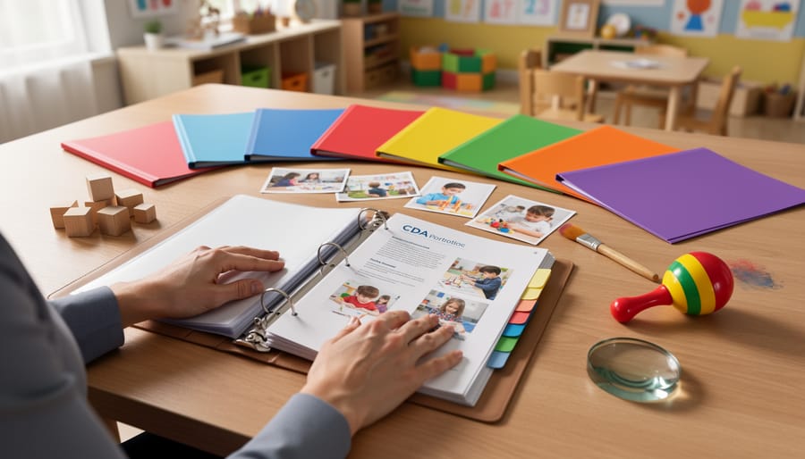 Educator’s hands organizing an open binder beside six color-coded folders, small classroom photo prints, and child-development resources like blocks, paintbrushes, a rhythm shaker, and a magnifying glass on a neat desk, lit by soft daylight with a blurred preschool classroom in the background; no visible text.