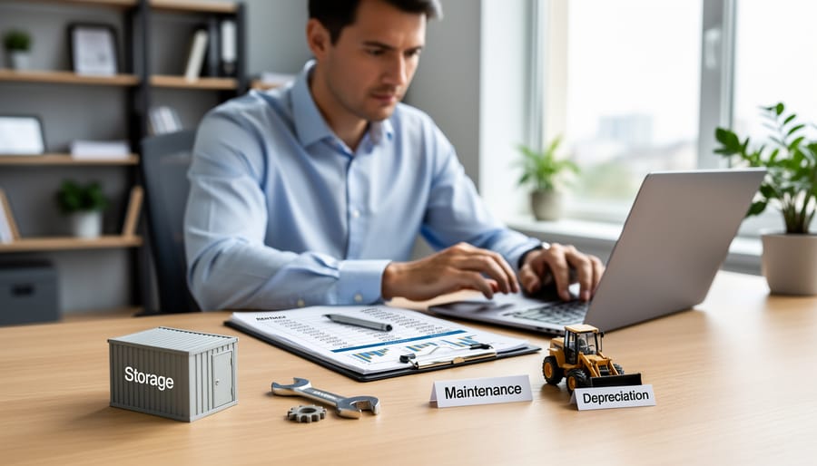 Tool rental business owner calculating costs and pricing at desk with equipment