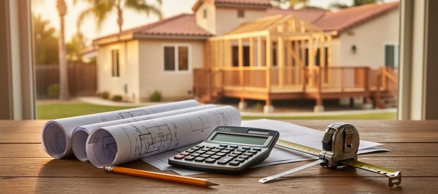 Close-up of blueprints, calculator, pencil, and tape measure on a wooden table in warm light, with a blurred California stucco house, red-tile roof, palm trees, and a partially built deck seen through the window.