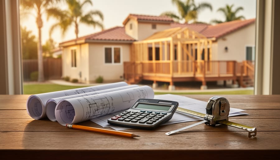 Close-up of blueprints, calculator, pencil, and tape measure on a wooden table in warm light, with a blurred California stucco house, red-tile roof, palm trees, and a partially built deck seen through the window.