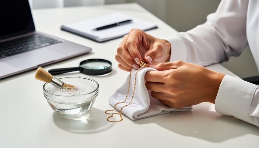 Person cleaning gold ring with cloth and soapy water as part of routine maintenance