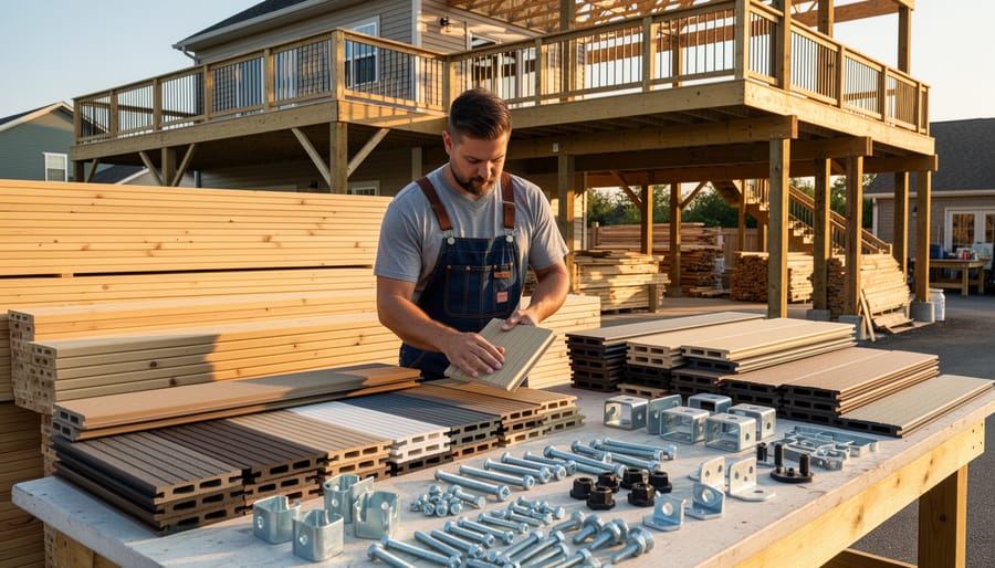 Deck building materials including lumber, composite samples, and metal hardware on workbench