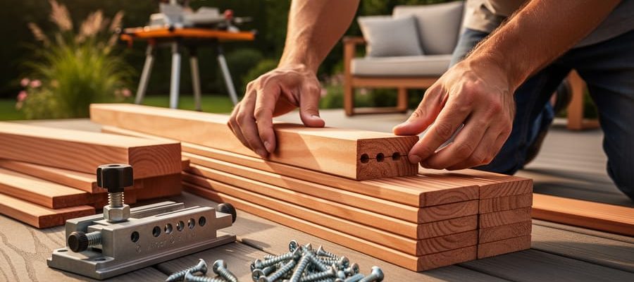 Hands assembling a modern 2x4 wooden patio bench on a sunlit deck, with pocket-hole joints and screws visible, stacks of lumber and a miter saw softly blurred in the background.