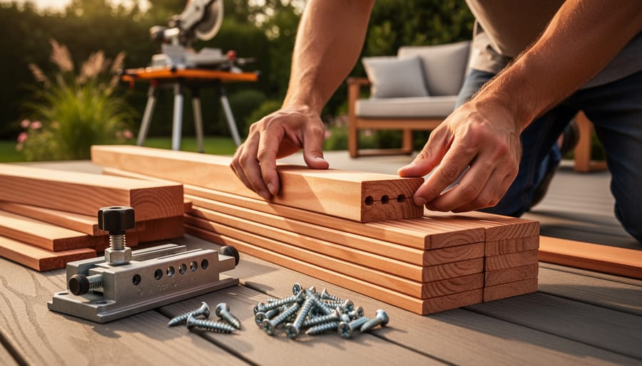 Hands assembling a modern 2x4 wooden patio bench on a sunlit deck, with pocket-hole joints and screws visible, stacks of lumber and a miter saw softly blurred in the background.