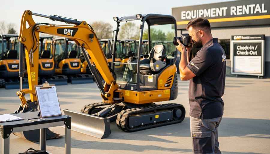 Person photographing rental tool condition with smartphone