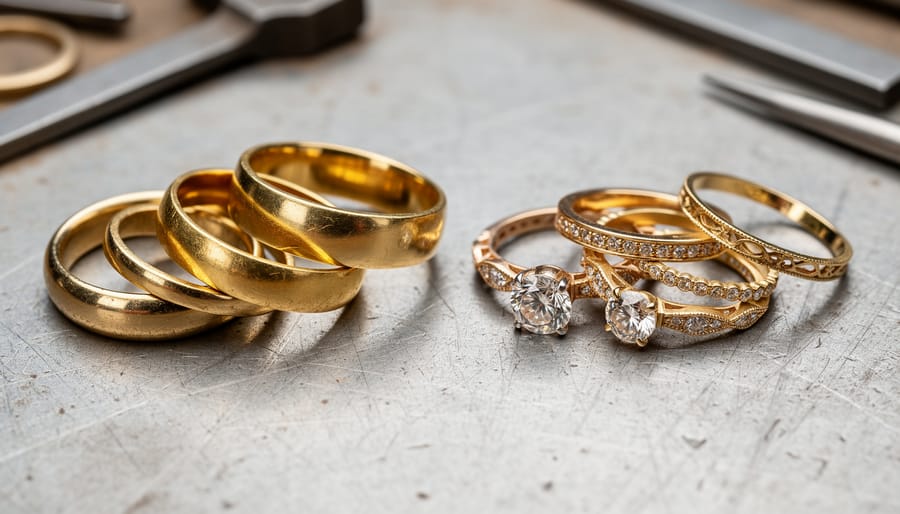 Comparison of three different gold ring styles showing varying widths and construction types