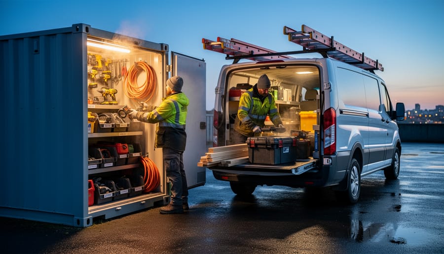 Contractor's work van at storage facility during early morning hours
