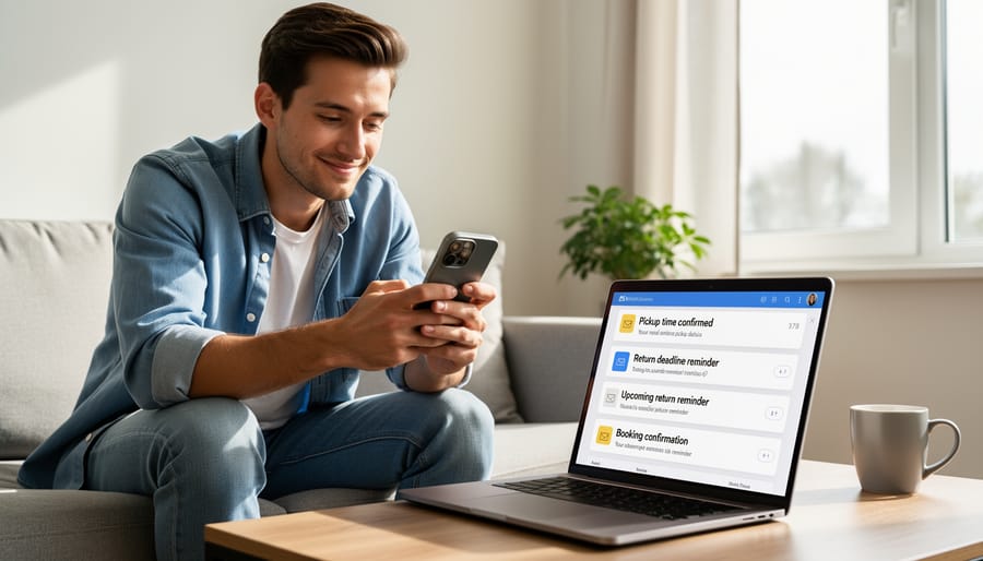 Smartphone showing email notifications on workshop table with construction tools
