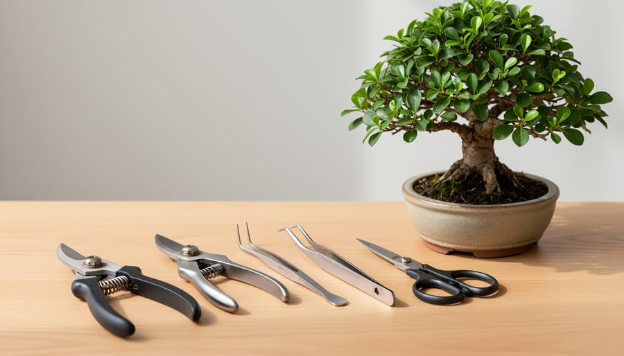 Essential bonsai maintenance tools including pruning shears, cutters, and rake arranged on wooden surface