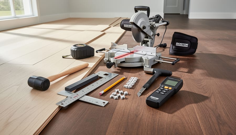 Collection of professional floor installation tools including nailer, tapping block, and measuring equipment on hardwood floor