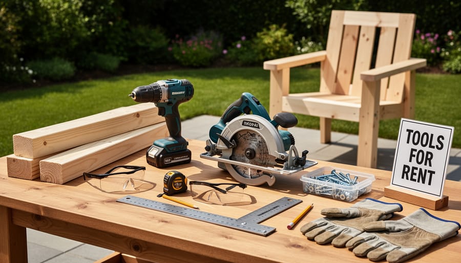 Essential woodworking tools laid out on workbench including drill, saw, and measuring tools