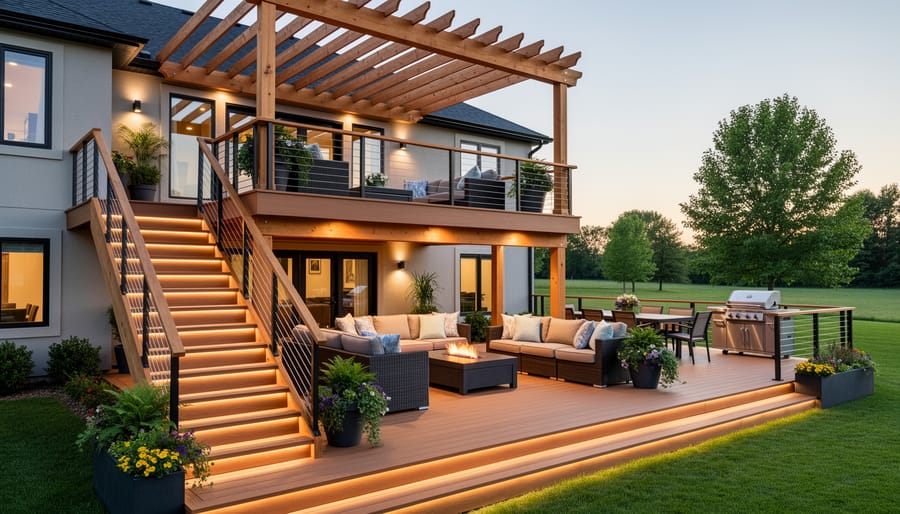 Two-story deck at evening with string lights, pergola, built-in seating and decorative plants