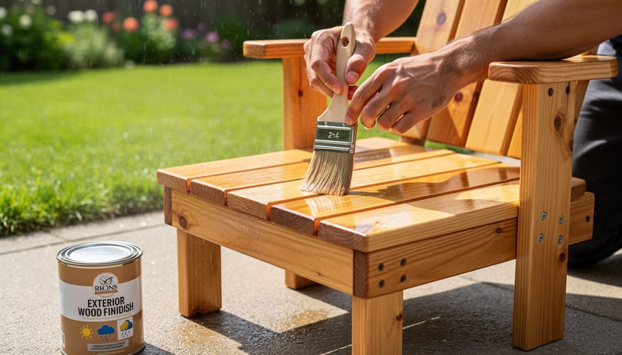 Close-up of wood stain being brushed onto 2x4 patio furniture