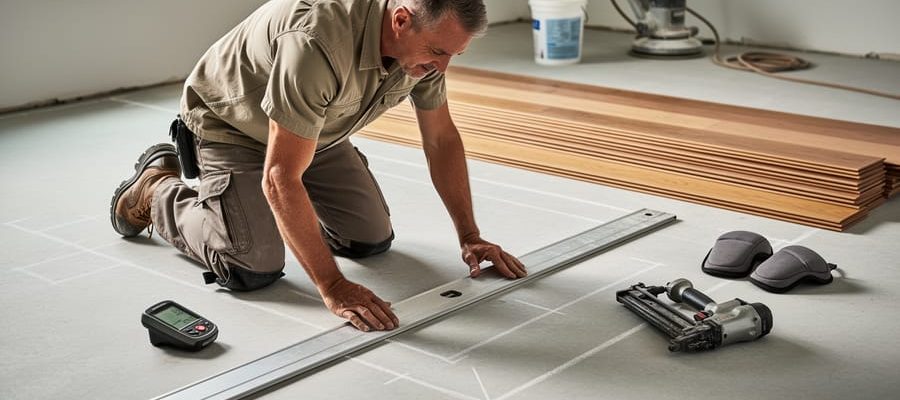 Installer kneeling on a concrete subfloor using a 6-foot straightedge to check flatness, with a moisture meter turned away, flooring nailer, and stacked engineered wood planks acclimating; chalk lines, leveling bucket, grinder, and knee pads softly blurred in the background.