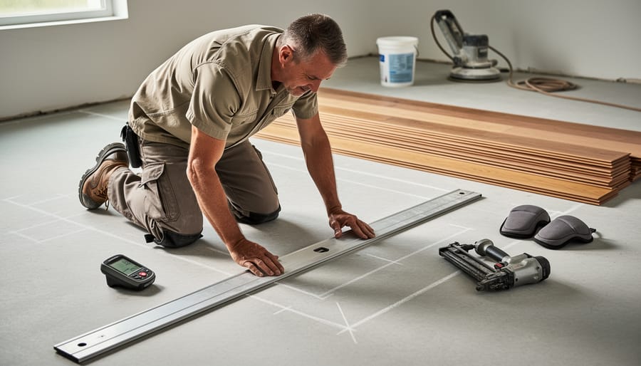 Installer kneeling on a concrete subfloor using a 6-foot straightedge to check flatness, with a moisture meter turned away, flooring nailer, and stacked engineered wood planks acclimating; chalk lines, leveling bucket, grinder, and knee pads softly blurred in the background.