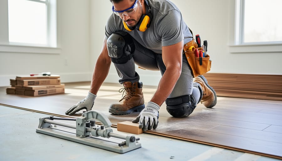 Floor installer wearing complete safety gear including knee pads, safety glasses, and hearing protection while cutting flooring