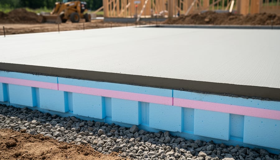 Rigid foam insulation boards installed on gravel base for radiant floor heating