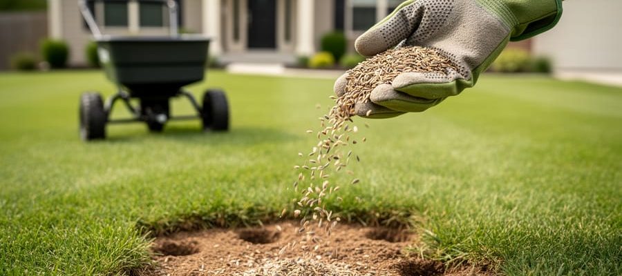 Gloved hand scattering mixed grass seed over an aerated suburban lawn with a push spreader blurred in the background under soft daylight