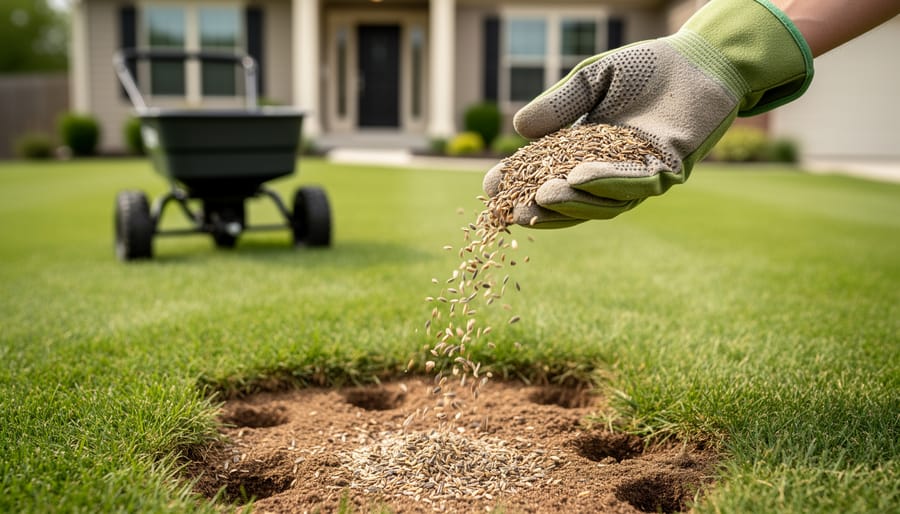 Gloved hand scattering mixed grass seed over an aerated suburban lawn with a push spreader blurred in the background under soft daylight