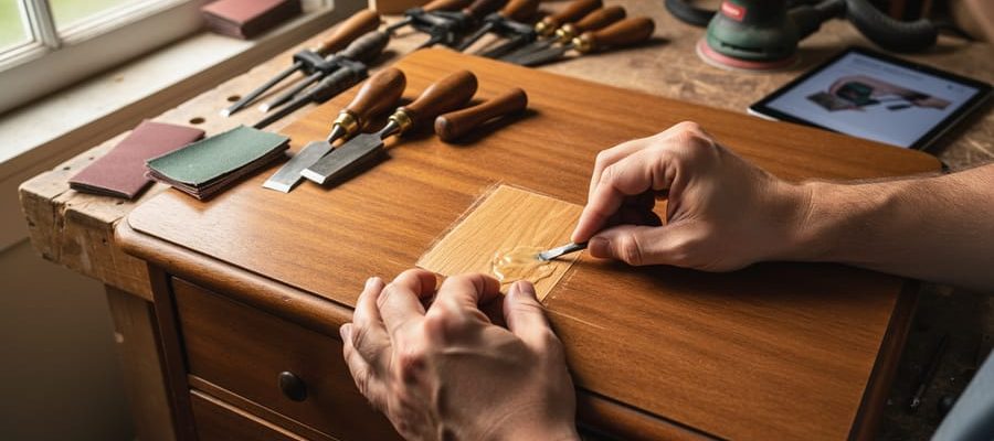 Hands carefully patching veneer on a vintage dresser at a workshop bench, with clamps and sanding tools nearby and a tablet showing a blurred tutorial in the background under soft natural light.