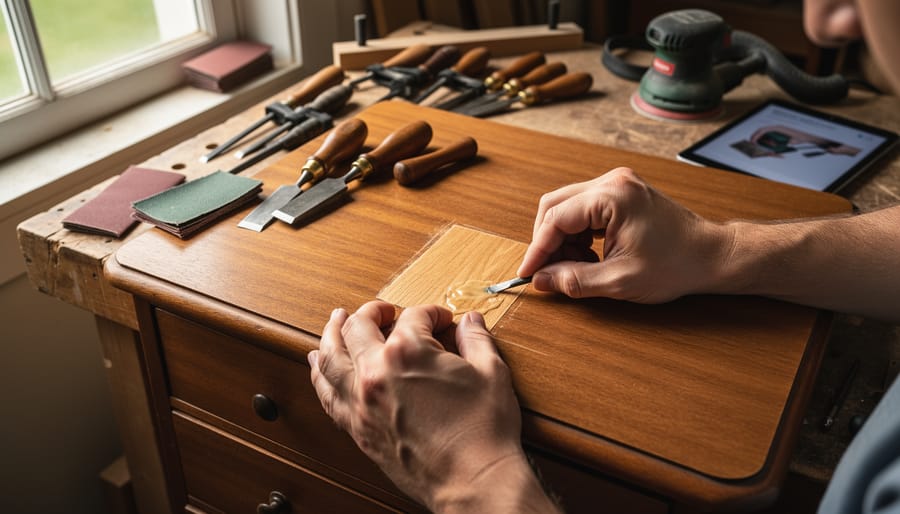 Hands carefully patching veneer on a vintage dresser at a workshop bench, with clamps and sanding tools nearby and a tablet showing a blurred tutorial in the background under soft natural light.